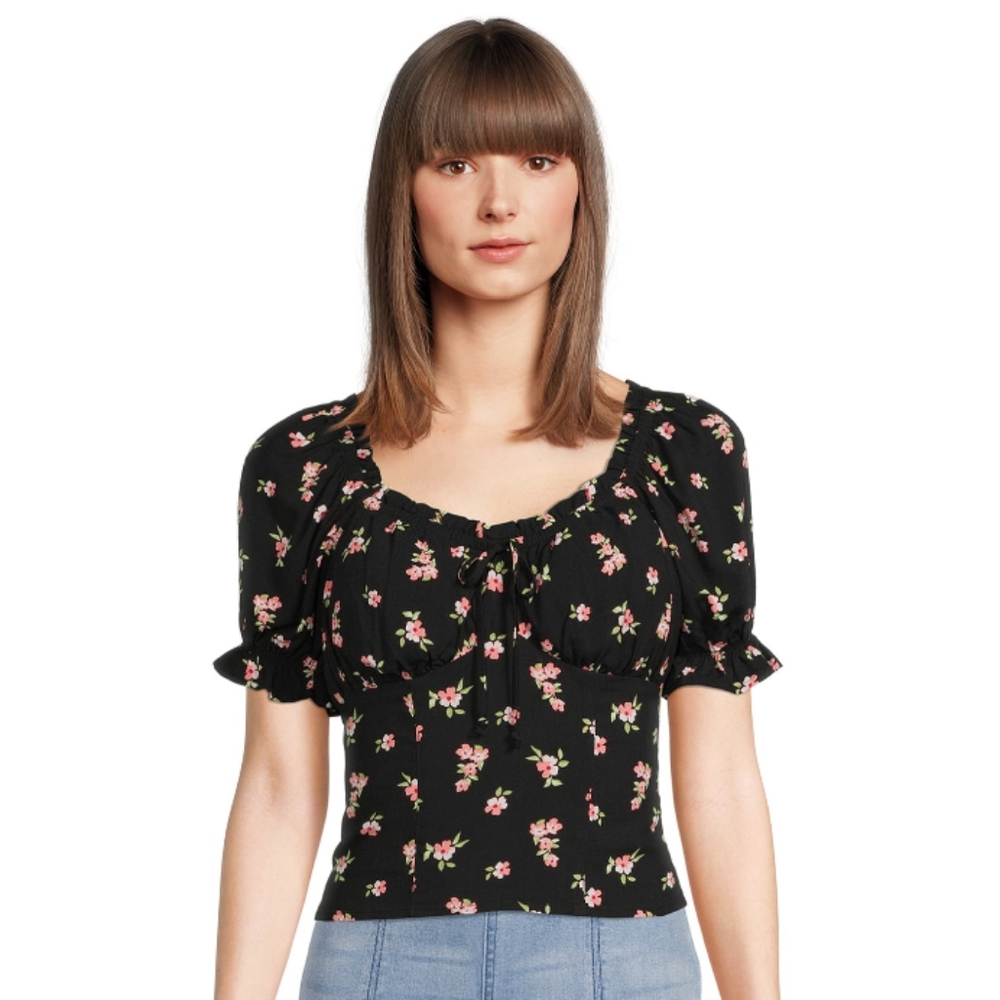 NWT No Boundaries Juniors' Print Ruffle Short Sleeve Peasant Top